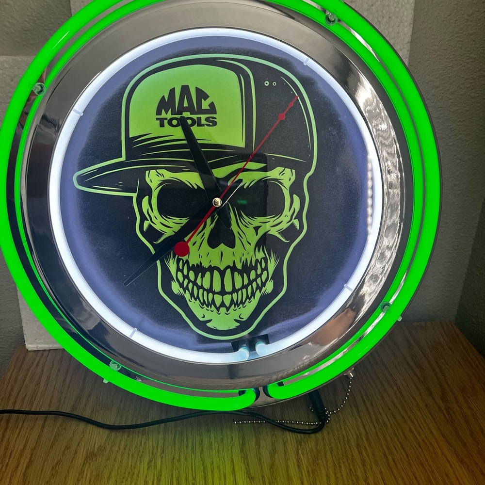 MAC Tools 14” Wall Clock Green Skull With Hat-Green Neon and Original Packaging.